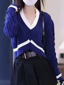 StyleCast Women V-Neck Cable Knit Colourblocked Pullover