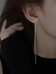 Estailo fashion Silver-Plated Stones Studded Tasselled Contemporary Drop Earrings