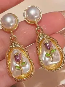 Estailo fashion Pearls Studded Teardrop Shaped Drop Earrings