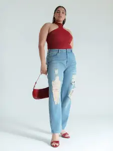 FREAKINS Women Curve Basic Blue Highly Distressed Mom Jeans