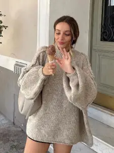 all about you Women Ribbed Self Design High Neck Pullover