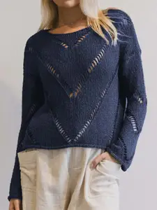 all about you Women Solid Open Knit Pullover Sweaters