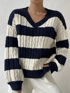bebe Women Striped Self Design Ribbed Sweaters