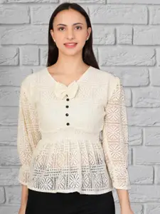 69 FASHION STREET Women Puff Sleeve Smocking Net Peplum Top With Bow