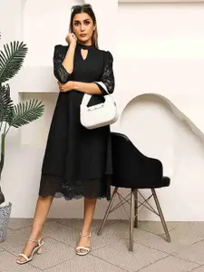 MARC LOUIS Self Design Keyhole Neck Fit & Flare Midi Dress