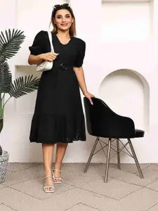 MARC LOUIS Women V-Neck Schiffli Puff Sleeve Fit and Flare Dress