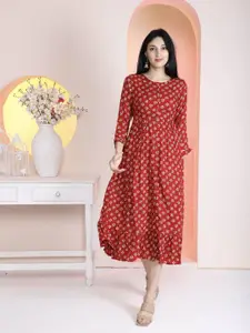 KRIDHAA FASHION BOUTIQUE Floral Printed Pure Cotton Fit and Flare Midi Dress