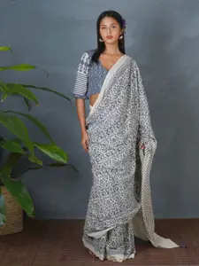 Chidiyaa BMS Haze Tide Ivory Block Printed Pure Cotton Saree