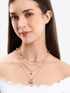 DressBerry Set of 4 Rose Gold Plated Pearl Seashell Starfish Pendant Multilayered Necklace