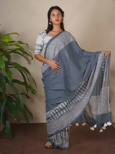 Chidiyaa BMS Stone Hush Grey Block Printed Pure Cotton Saree
