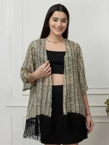 PURYS Geometric Printed Tasselled Kimono Style Longline Shrug