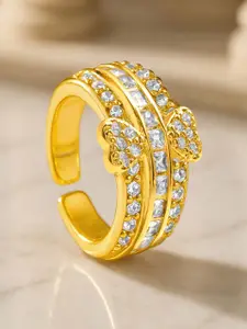 Rubans 18K Gold-Plated Cubic Zirconia Studded Floral Motif Adjustable Ring