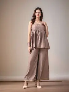 Sangria Self Design Shoulder Strap Peplum Top & Trousers Co-Ords