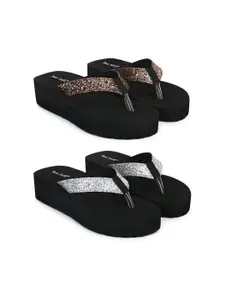 TWO SOFT Women Pack Of 2 Embellished Open Toe  Flatform Heels Sandals