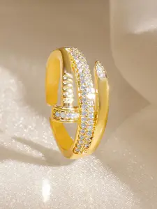 Rubans 18K Gold-Plated White Cubic Zirconia Studded Sleek Adjustable Finger Ring