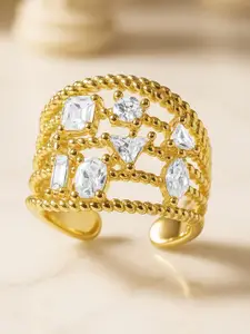 Rubans 18K Gold-Plated Cubic Zirconia Studded Multi-Shape Adjustable Statement Ring