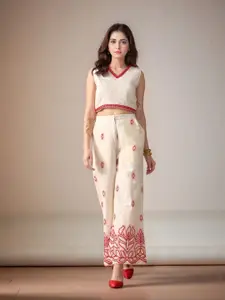Sangria Ethnic Motif Embroidered Pure Cotton Lace Crop Top & Trousers Co-Ord Set