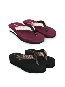 TWO SOFT Women Pack Of 2 Embellished Thong Flip-Flops