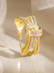 Rubans 18K Gold-Plated Cubic Zirconia Studded Adjustable Bow Design Finger Ring