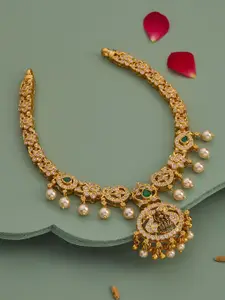 Kushal's Fashion Jewellery Green Gold-Plated Ethnic 92.5 Pure Temple Silver Necklace