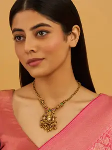 Kushal's Fashion Jewellery 92.5 Pure Silver Gold-Plated Stone Studded Lakshmi Necklace