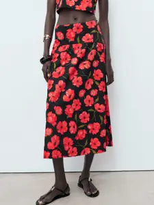 MANGO Floral Print Midi A-Line Skirt