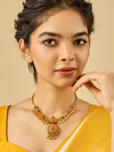 Kushal's Fashion Jewellery 92.5 Pure Silver Gold-Plated Stone Studded Temple Necklace