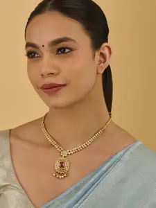 Kushal's Fashion Jewellery 92.5 Pure Silver Gold-Plated Stone Studded & Beaded Necklace