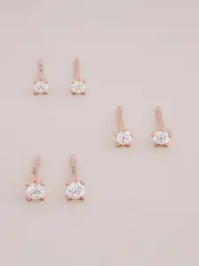 Kushal's Fashion Jewellery Set of 3 Rose Gold-Plated 92.5 Sterling Silver Studded Studs
