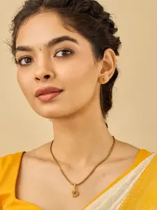 Kushal's Fashion Jewellery 92.5 Pure Silver Gold-Plated Ruby Stones Temple Pendant Set