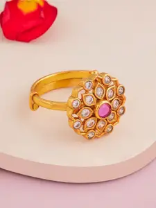 Kushal's Fashion Jewellery Ruby Gold-Plated Ethnic 92.5 Pure Silver Temple Finger Ring