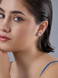 Kushal's Fashion Jewellery 92.5  Silver Rhodium-Plated Square Studs Earrings
