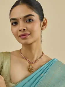 Kushal's Fashion Jewellery Embellished Bridal Silver Gold-Plated Temple Necklace