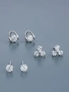 Kushal's Fashion Jewellery Set of 3 Rhodium-Plated 92.5 Sterling Silver Studded Studs