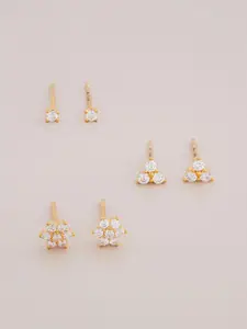 Kushal's Fashion Jewellery Set of 3 Gold-Plated 92.5 Sterling Silver Studded Studs