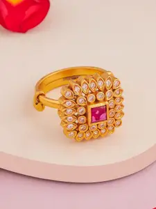 Kushal's Fashion Jewellery Ruby Gold-Plated Ethnic 92.5 Pure Silver Temple Finger Ring