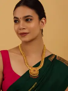 Kushal's Fashion Jewellery 92.5 Pure Silver Gold-Plated Stones and Beaded Temple Necklace