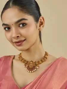 Kushal's Fashion Jewellery Embellished Bridal 92.5 Gold-Plated Stone Temple Necklace