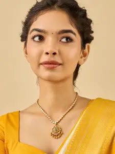 Kushal's Fashion Jewellery 92.5 Pure Silver Gold-Plated Stones Studded Temple Necklace