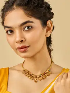 Kushal's Fashion Jewellery 92.5 Pure Silver Gold-Plated Stone Studded Temple Necklace