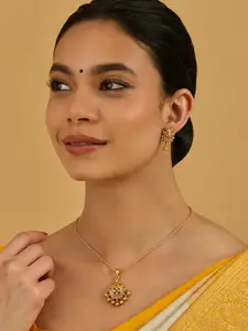 Kushal's Fashion Jewellery Ruby Gold-Plated Ethnic 92.5 Pure Silver Temple Pendant Set