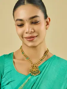 Kushal's Fashion Jewellery 92.5 Pure Silver Gold-Plated Ruby Stones Temple Necklace