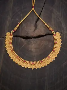 Kushal's Fashion Jewellery 92.5 Pure Silver Gold-Plated Ruby Studded Temple Necklace