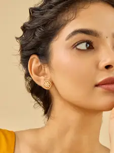 Kushal's Fashion Jewellery 92.5 Pure Silver Gold-Plated Stone Studded Floral Temple Studs