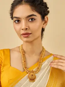 Kushal's Fashion Jewellery 92.5 Pure Silver Gold-Plated Stone Studded Temple Necklace