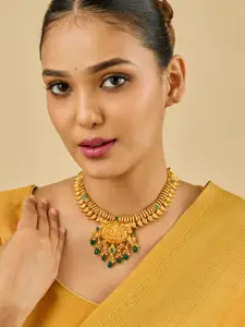 Kushal's Fashion Jewellery 92.5 Pure Silver Gold-Plated Studded & Beaded Temple Necklace