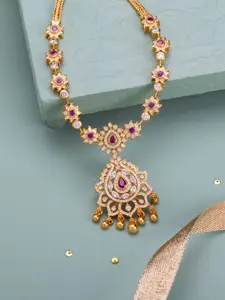 Kushal's Fashion Jewellery 92.5 Pure Silver Gold-Plated Ruby Studded Temple Necklace