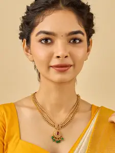 Kushal's Fashion Jewellery 92.5 Pure Silver Gold-Plated Ruby Studded Temple Necklace