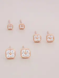 Kushal's Fashion Jewellery Set of 3 Rose Gold-Plated 92.5 Sterling Silver Studded Studs