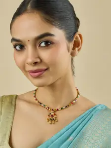 Kushal's Fashion Jewellery Embellished Bridal Silver Gold-Plated Temple Necklace